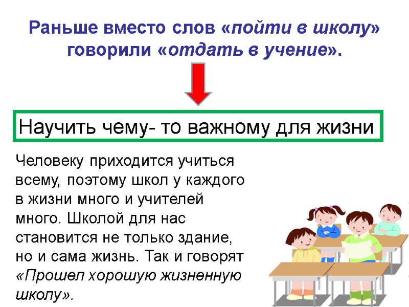 Раньше вместо слов «пойти в школу» говорили «отдать в учение». Научить чему- то важному